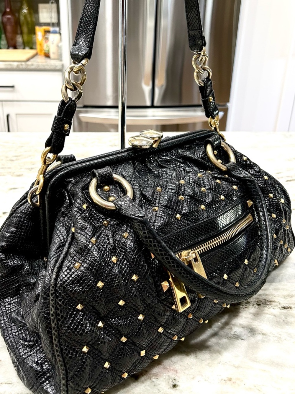 Marc Jacobs Authentic Black Quilted Leather Gold Studded Shoulder Bag